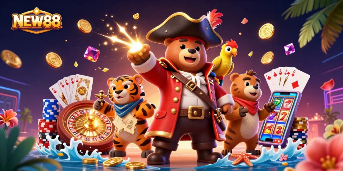 Engage with NEW88's thrilling gaming adventure featuring a rich casino scene with dynamic characters and vibrant gold elements.