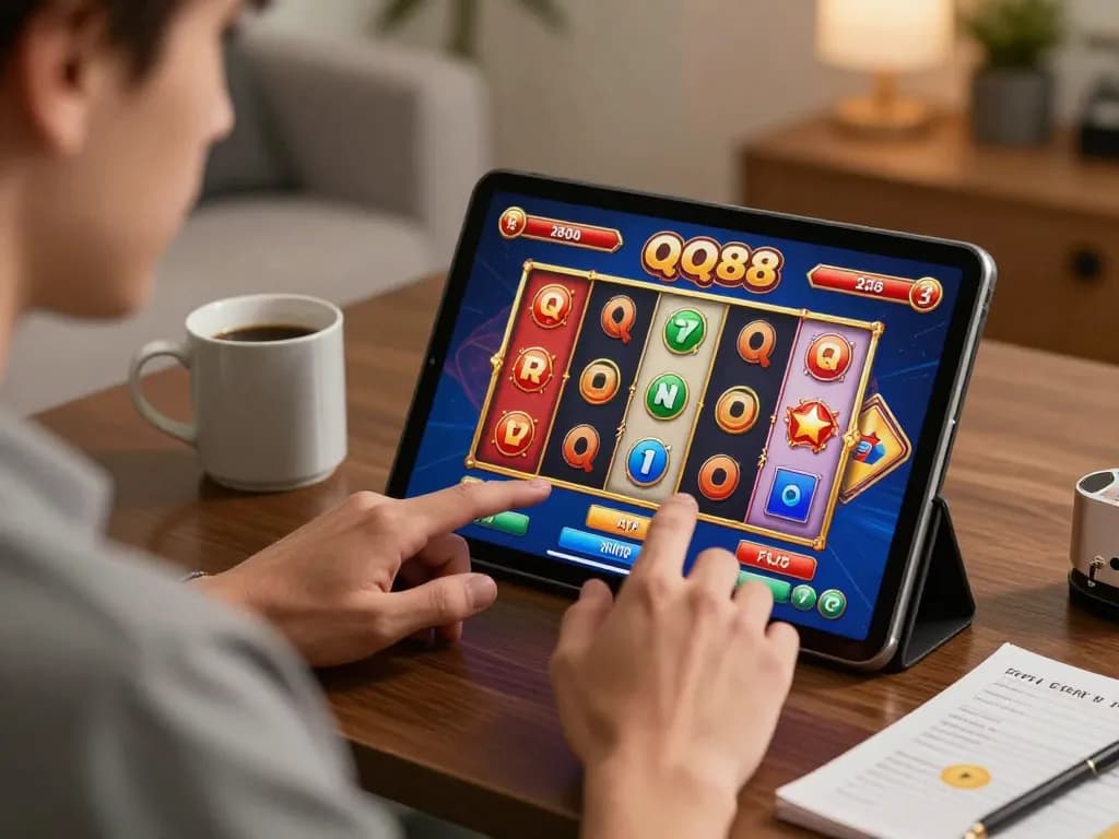 Player experiencing QQ88 online casino gaming on a tablet, showcasing dynamic slot game interface and strategic moments