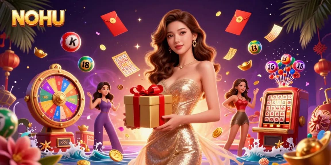 Engage with NOHU Jackpot excitement, featuring a glamorous woman, winning coins, and festive decorations.