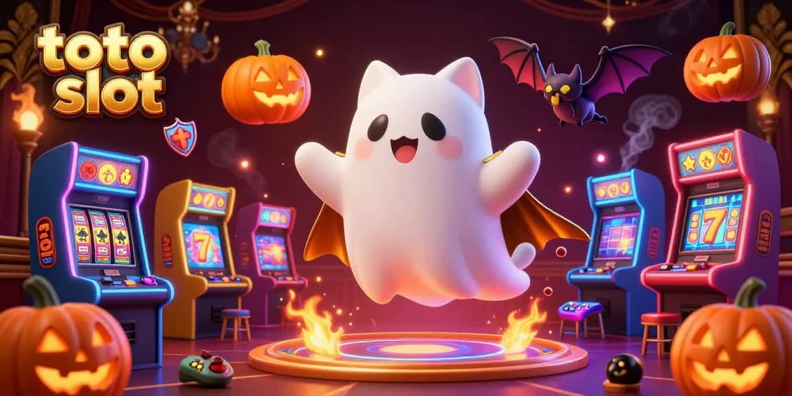Spin the reels with toto slot as a ghost cat and bat float through a vibrant casino scene.