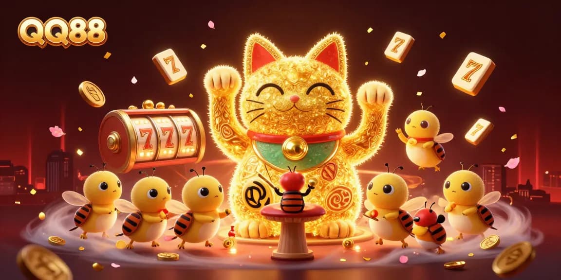 Experience vibrant QQ88 gaming with a cinematic 3D illustration of a lucky cat and colorful casino elements.