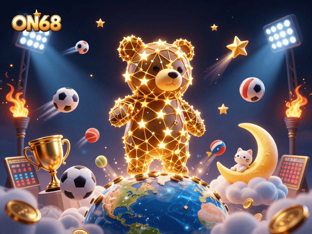 Engage in exciting gambling adventures at ON68 with vibrant casino-themed elements, including sports and coins.