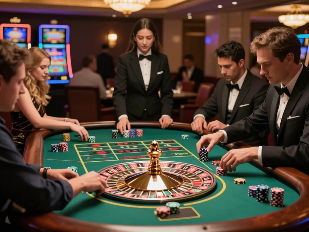 Players immersed in a betting strategy at a Pragmaticplay poker table, vibrant chips and cards adding to the casino atmosphere.