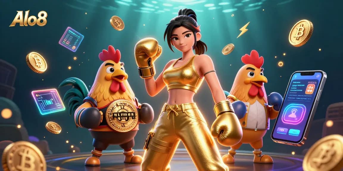 Alo8 showcases winning strategies in a vibrant casino scene with boxing champions and crypto elements