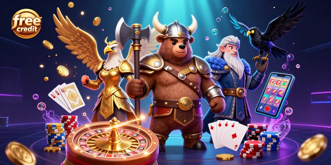 Spin and win with free credit bonuses in an action-packed casino illustration.
