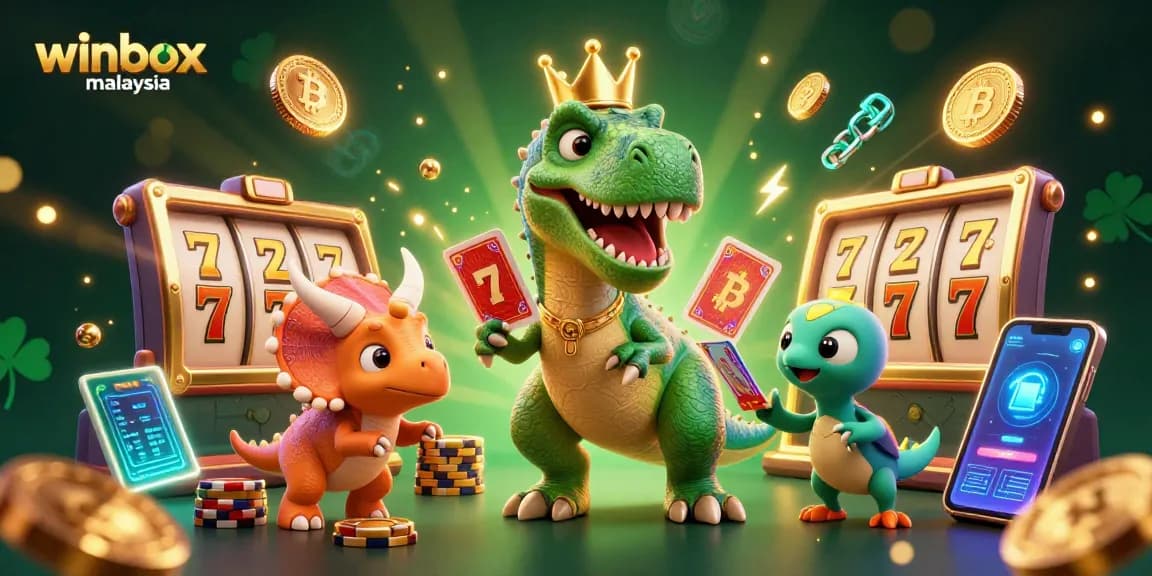 Play exciting casino games on winbox malaysia with a fun illustration of cartoon dinosaurs shuffling cards and stacking chips.