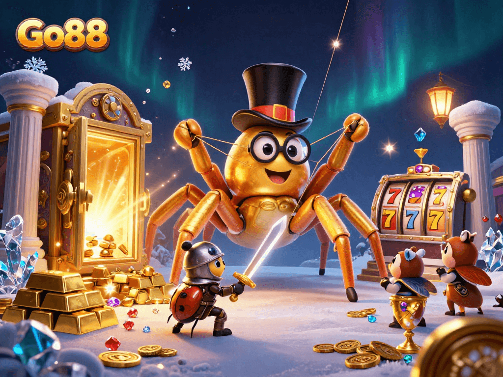Engage with Go88's thrilling casino adventure featuring a daring beetle knight and a golden tarantula.