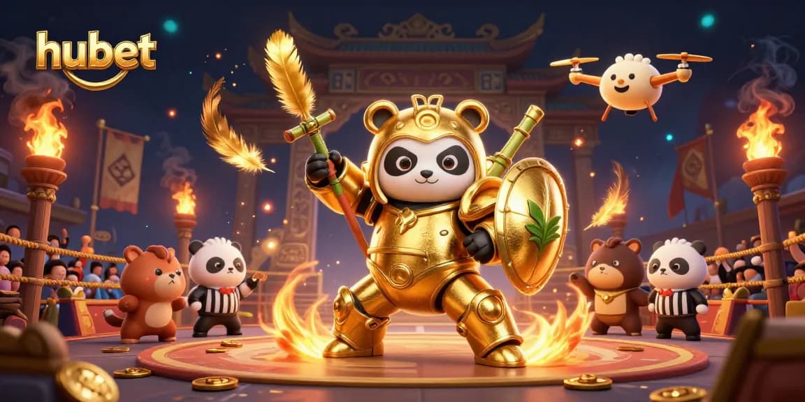 Experience the excitement of hubet with a golden panda battling in a vibrant casino arena.