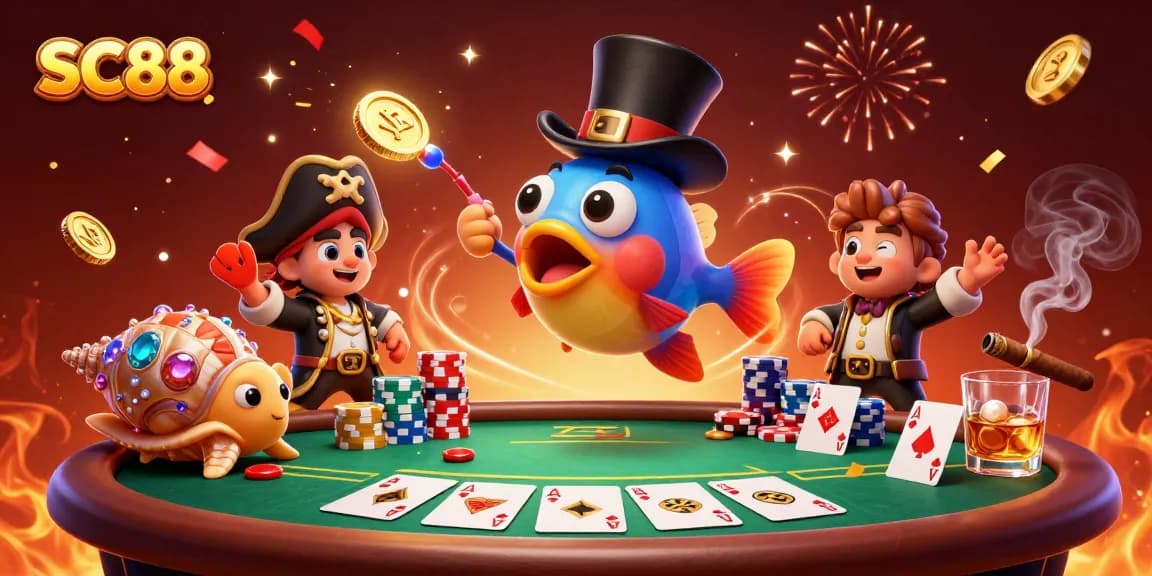 Experience thrilling gaming with SC88 as a glowing anglerfish attracts golden coins in a vibrant casino scene.
