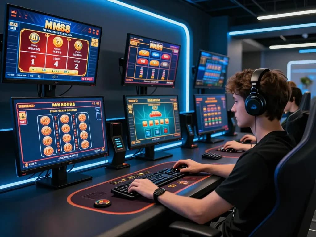 Engaged player strategizing on MM88 casino games in a modern gaming setup