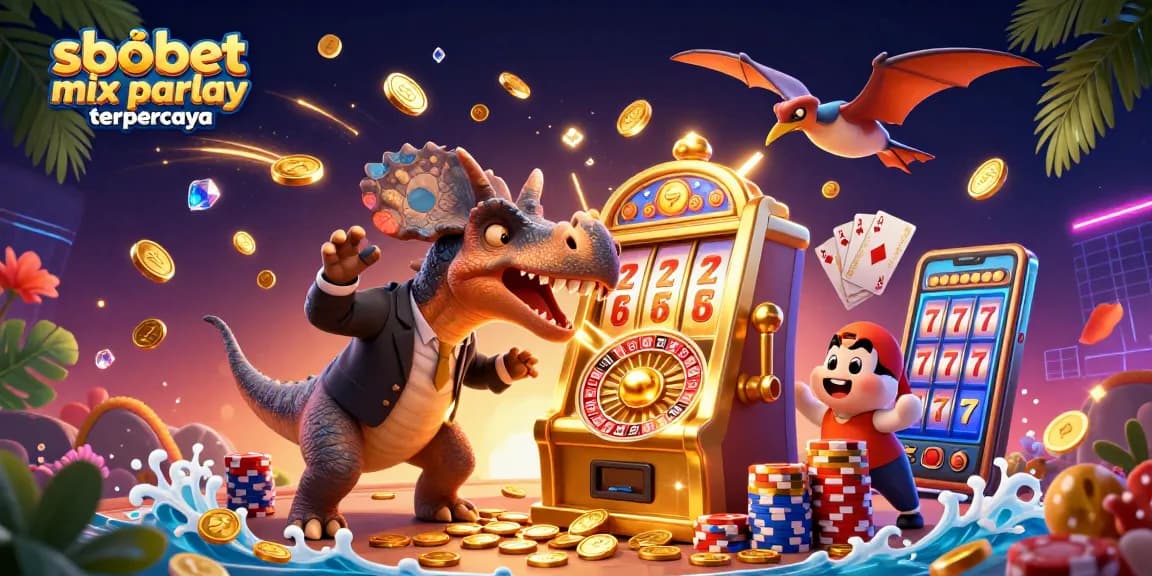 Experience sbobet mix parlay terpercaya with thrilling 3D characters playing for a jackpot in an exciting casino scene.