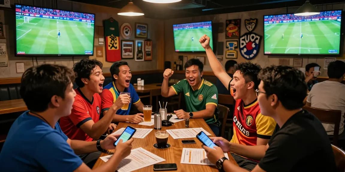 Excited fans enjoying football betting Malaysia in a lively sports bar.