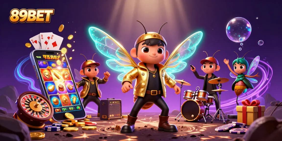 89BET brings excitement in a vibrant casino scene with a rock star and musical elements.