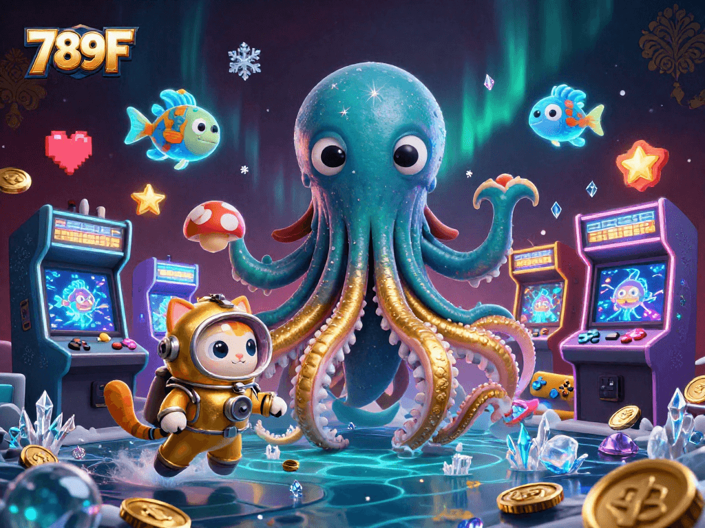 Engage in thrilling gameplay at 789F with a captivating 3D illustration of gaming elements and characters.