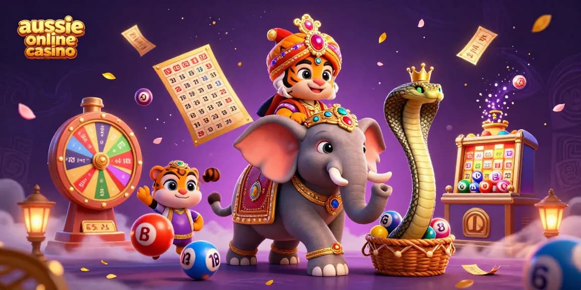 Aussie online casino showcases vibrant lottery elements with a cartoon maharaja and elephant.