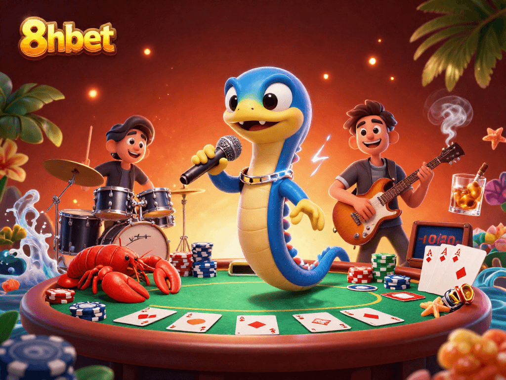 Action-packed 3D illustration showing 8xbet's vibrant casino scene with underwater characters and poker elements.