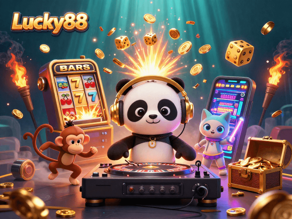 Experience Lucky88 excitement with a DJ panda spinning fortunes in a vibrant casino scene.