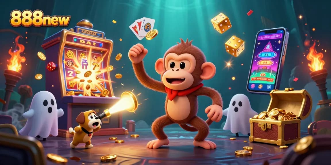 Experience the excitement of 888new with a whimsical ghost monkey juggling golden casino treasures.