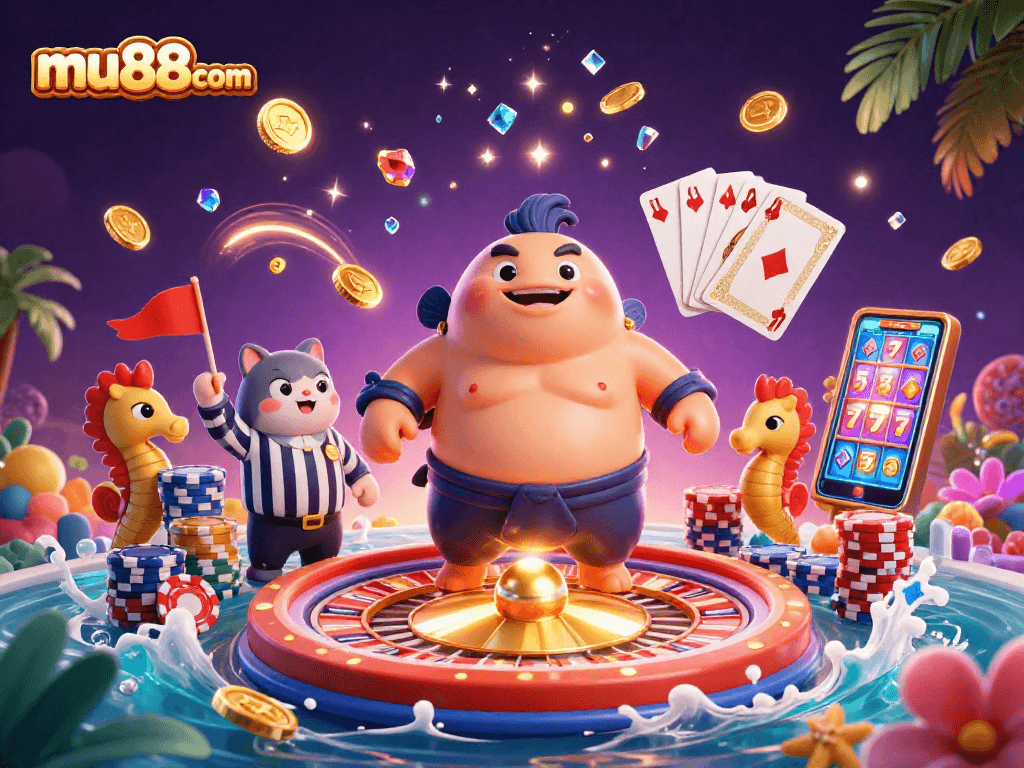 Play exciting games at mu88com, featuring a vibrant underwater casino scene with unique characters and dynamic gameplay.