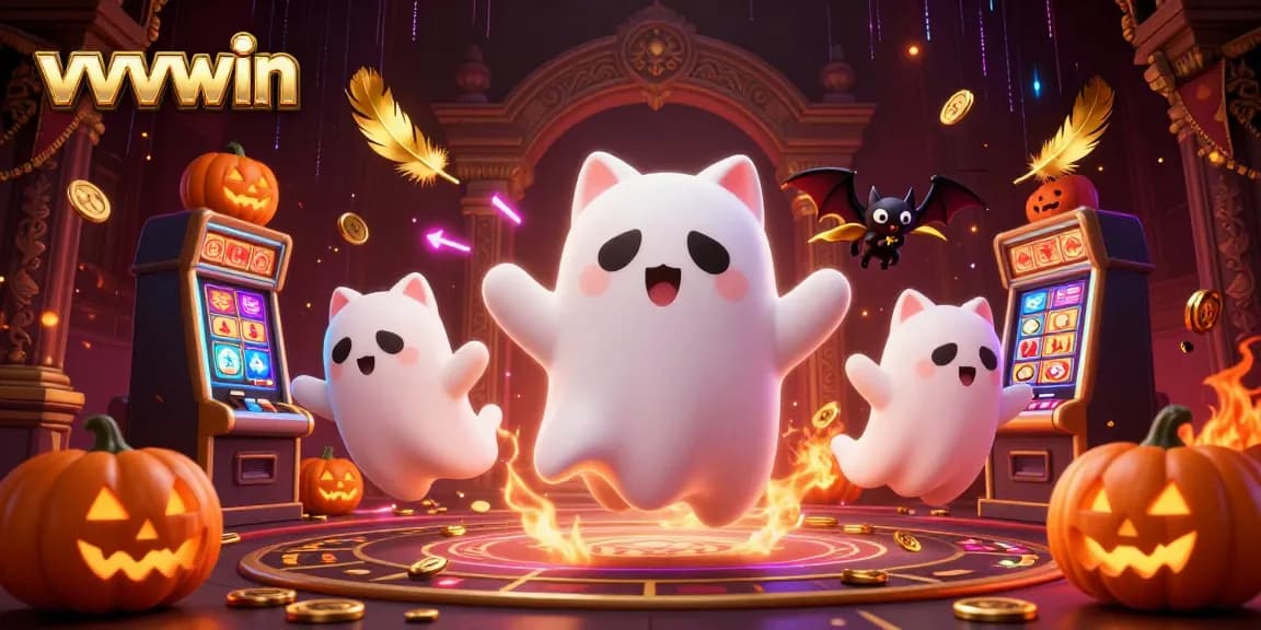 Engage in thrilling gameplay at vvvwin, featuring a ghost cat and vampire bat in an exciting casino scene.