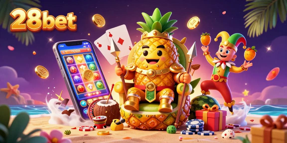 Experience thrilling casino action at 28bet with a colorful scene of characters and slots.