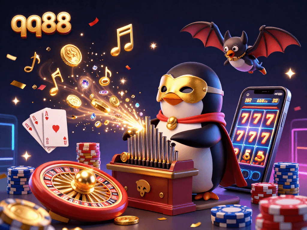 Join the fun at qq88 with a lively 3D casino scene, featuring a penguin playing a golden pipe organ amidst cascading coins.