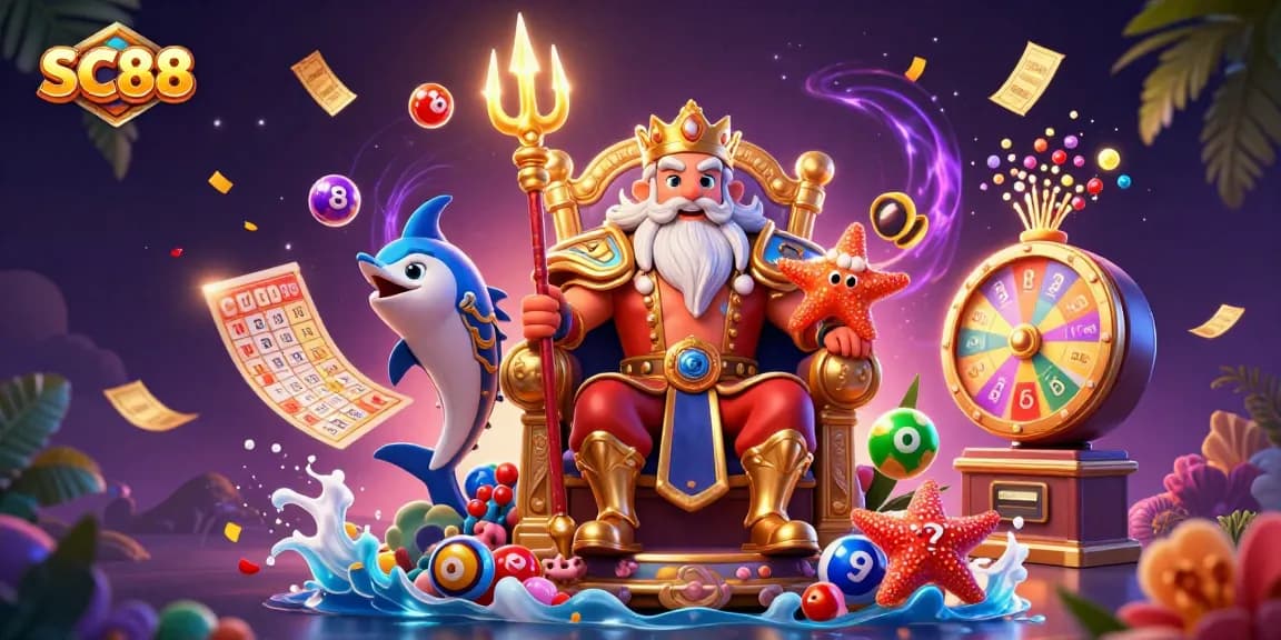 Join the fun at SC88 with Neptune and samurai amidst vibrant gaming elements!