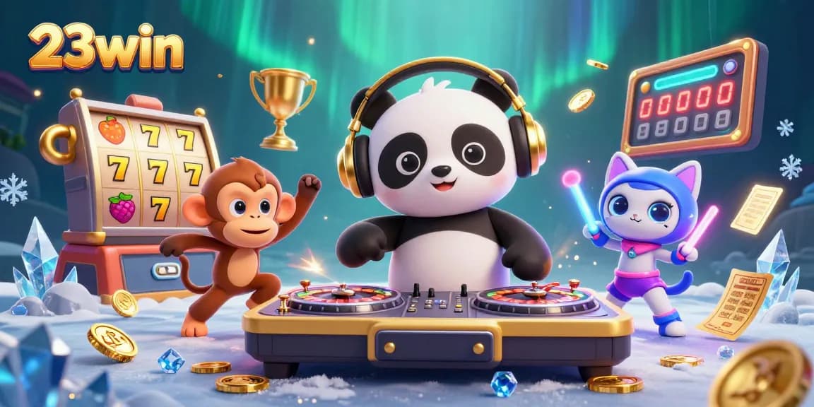 Engage with 23win's enticing casino experience featuring DJ panda, glowing kitten, and lively monkey.