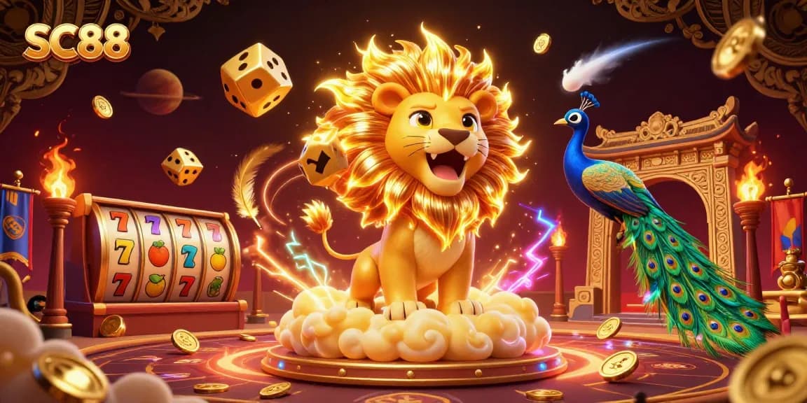 Engage with SC88's vibrant casino atmosphere featuring a roaring lion and golden dice.