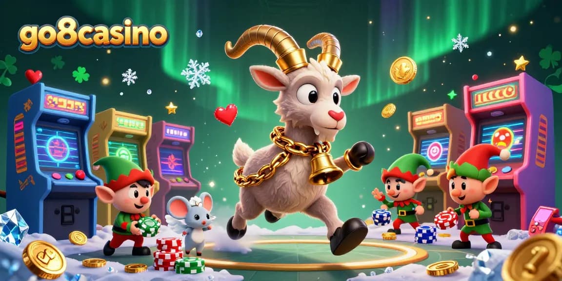 Experience excitement at go8casino with Krampus, an angel mouse, and gremlins in a vibrant, chaotic casino scene.