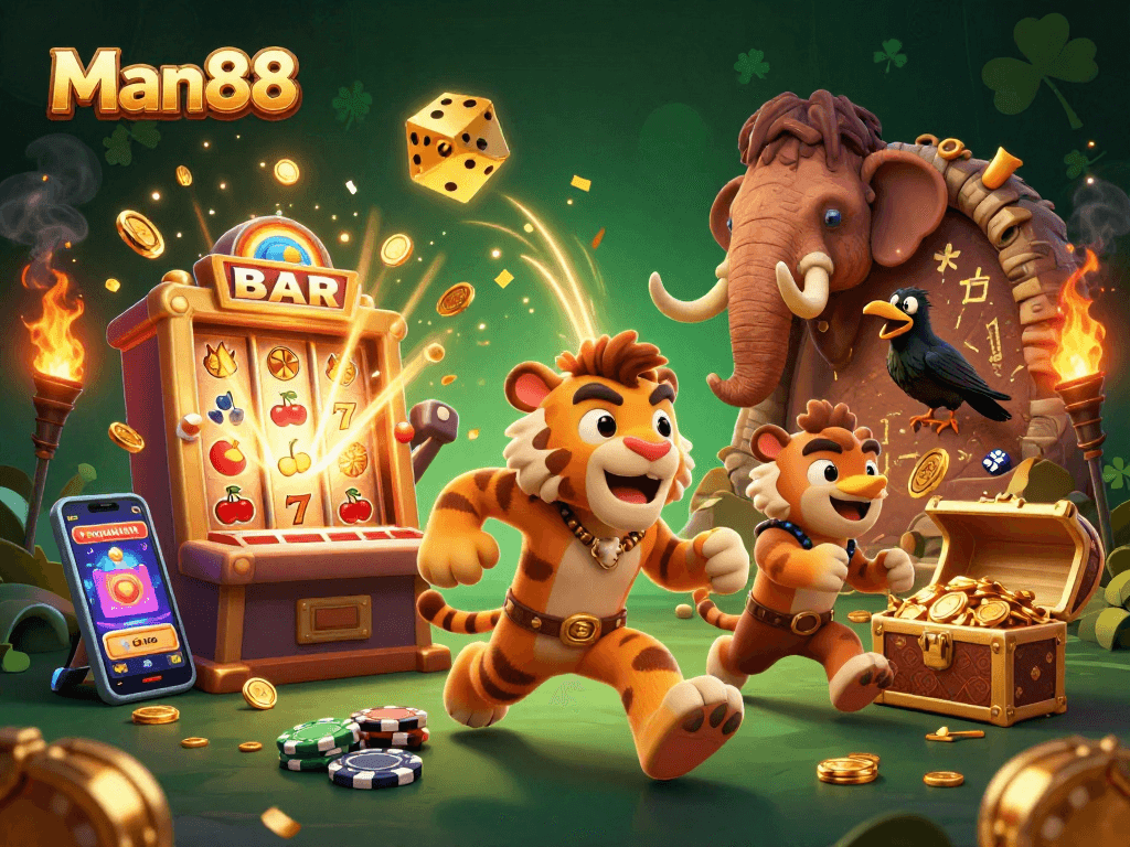 Engage with Man88 in a colorful 3D casino adventure, featuring a thrilling jackpot explosion.