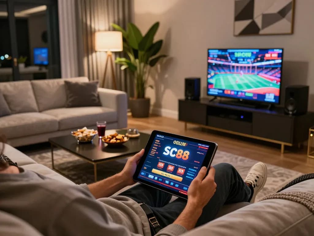 SC88 offers engaging online gaming experiences with strategic betting on a tablet in a cozy setting