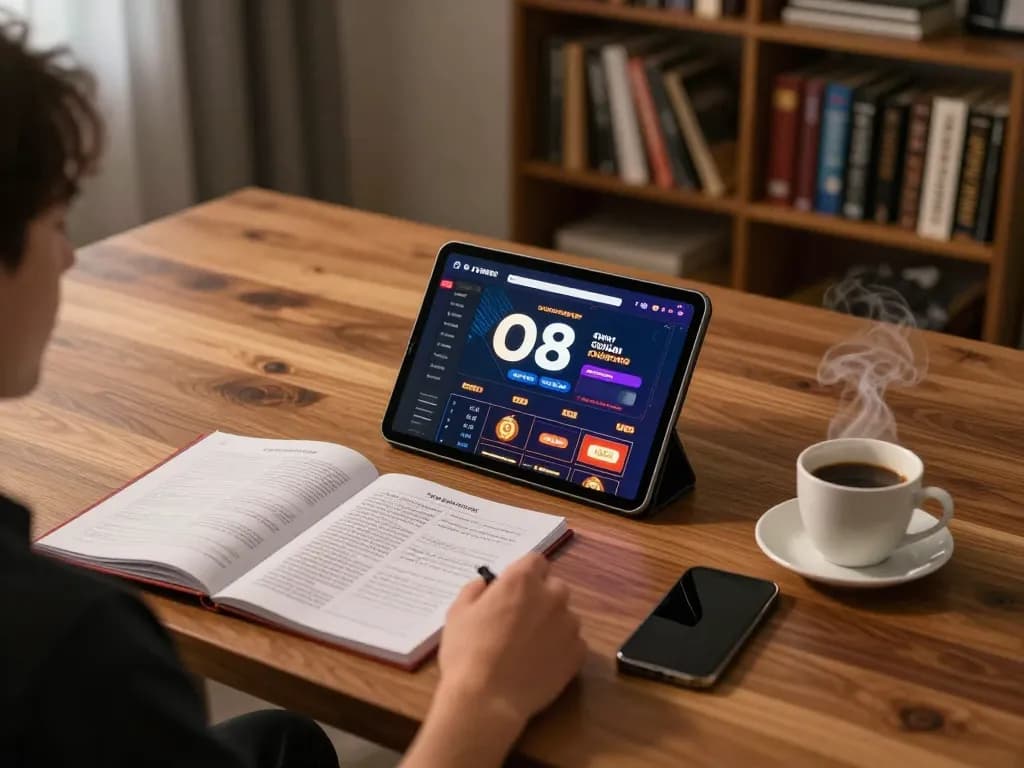 Engaging with O8 online casino game on tablet, creating a cozy home gaming atmosphere