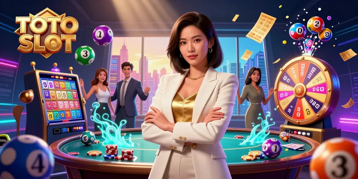 TOTO SLOT gameplay showcasing a dynamic scene of elegant characters with vibrant slot and lottery elements