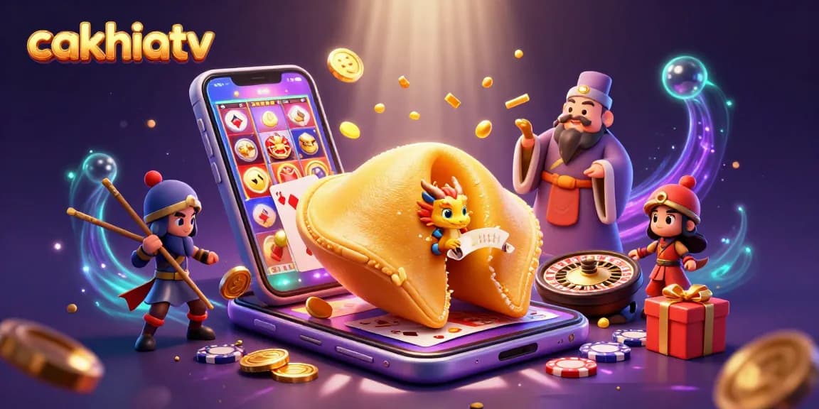 Experience thrilling gaming moments with cakhiatv as a golden fortune cookie cracks open revealing a dragon's fortune.