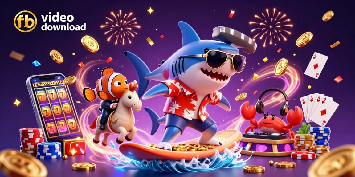 Download Facebook videos easily using fb video download, with colorful casino-themed characters and elements.