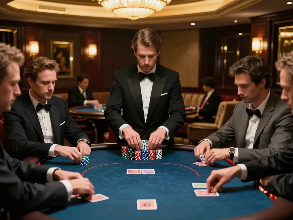GG88 poker players strategy with chips and cards in an upscale casino, showcasing a tense game.