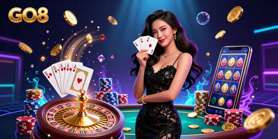 Engage thrillingly with GO8 casino games featuring a stunning Asian woman holding ace cards amidst a vibrant casino backdrop.