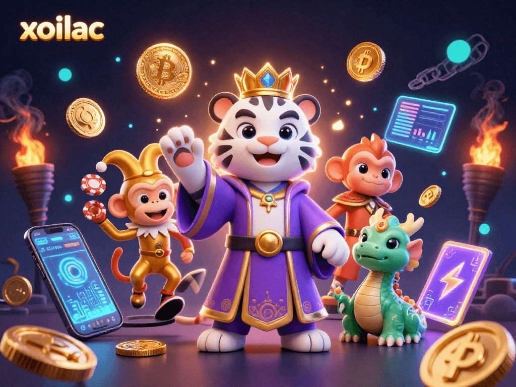 Xoilac's vibrant 3D casino scene showcases the white tiger, monkey, and dragon amidst crypto-themed gaming elements.