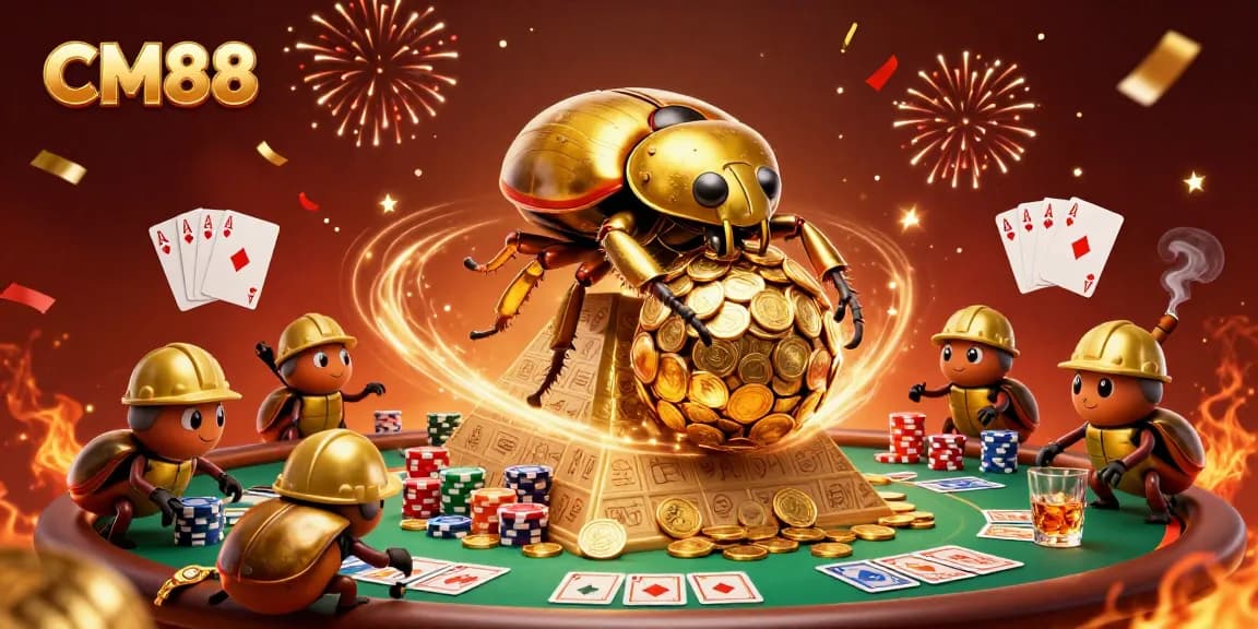 CM88 showcases a dynamic casino illustration featuring a beetle rolling golden coins, inviting players to enjoy gaming.