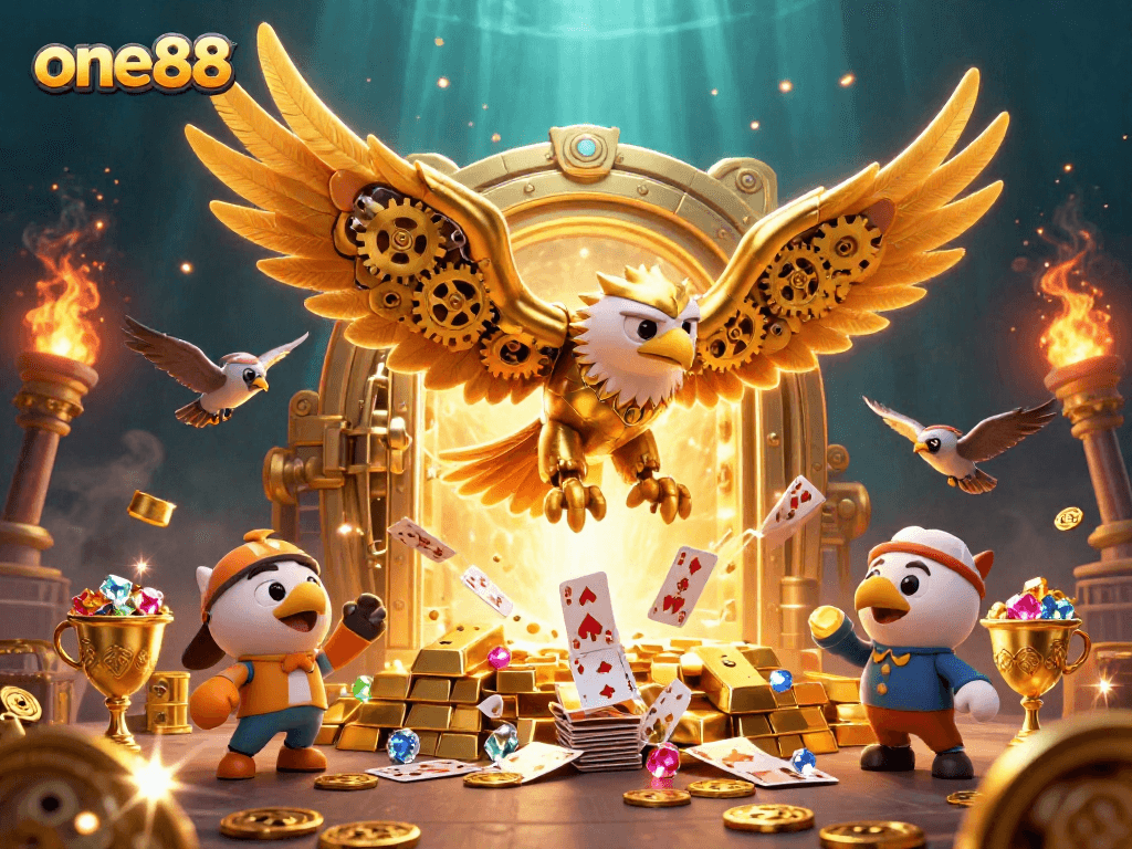 Experience thrilling wins at one88 with a dynamic scene of a cybernetic eagle amidst rich casino treasures.