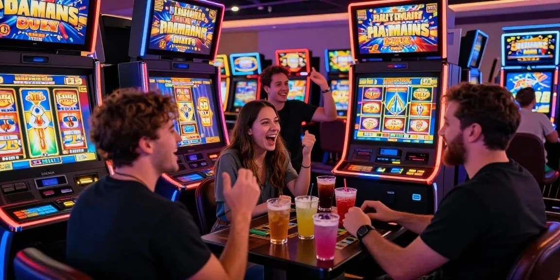 Group of friends enjoying slot gacor games at a vibrant casino, celebrating wins.