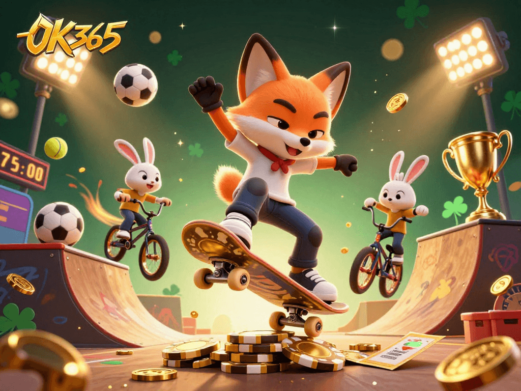 Experience the thrill of winning at OK365 with an exciting 3D illustration featuring a skateboarder fox and BMX rabbit in a vibrant casino atmosphere.