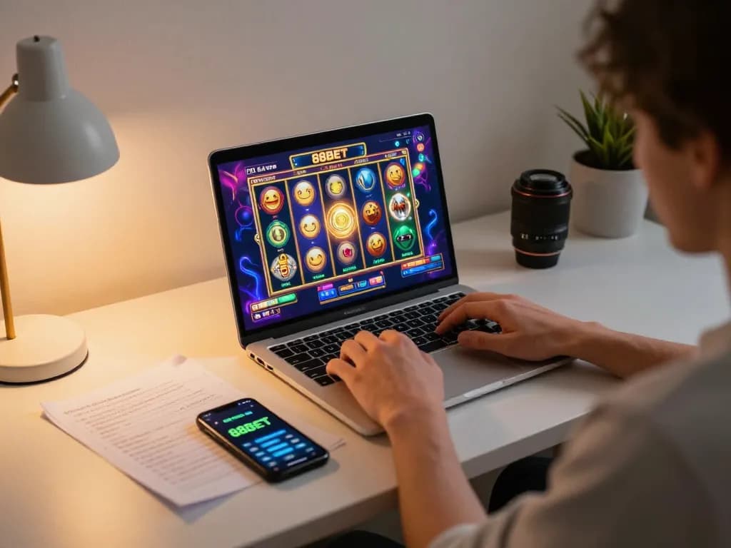 Play exciting slot games on 88BET with a cozy home setup featuring a laptop screen and gaming notes.