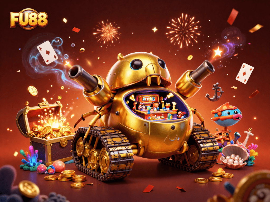 Experience thrilling gameplay at FU88 with dynamic casino-themed 3D illustration showcasing unique elements and excitement.