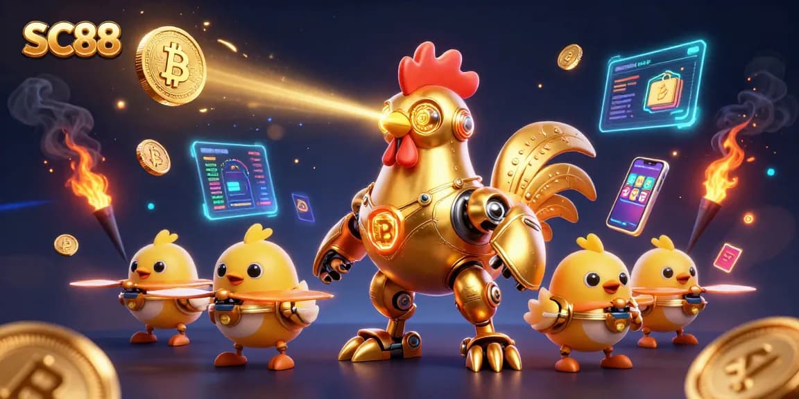 SC88 showcases a futuristic golden rooster robot leading baby drones through a neon crypto casino.
