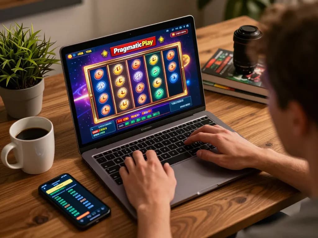 Engaging player immersed in a Pragmaticplay slot game on a home laptop, showcasing gaming excitement.