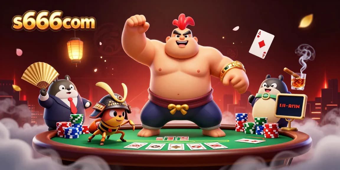 S666com delivers thrilling casino action featuring a powerful sumo wrestler, fierce cricket, and announcer amidst poker excitement.