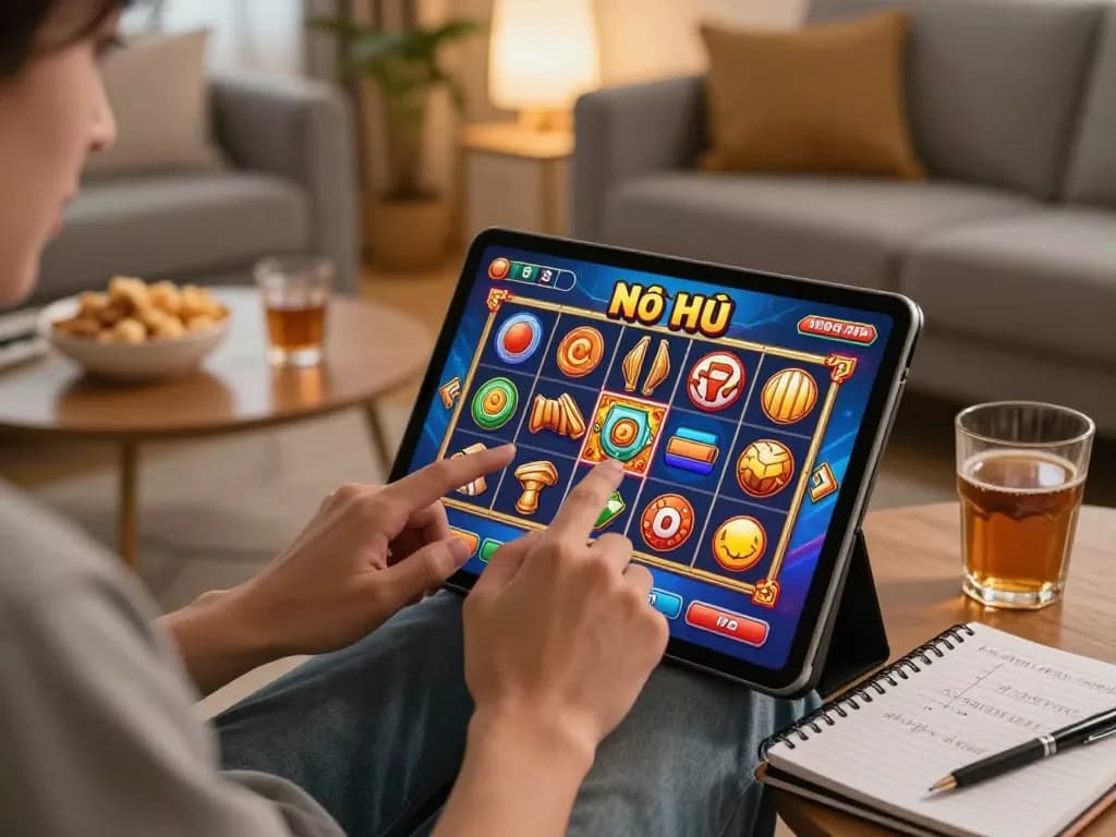 Nổ hũ slot game being played on a tablet, showcasing an interactive gaming moment in a cozy home setting.