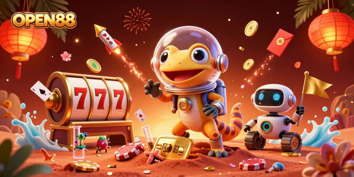Experience the excitement of OPEN88 with vibrant casino action as a Martian gecko discovers gold.